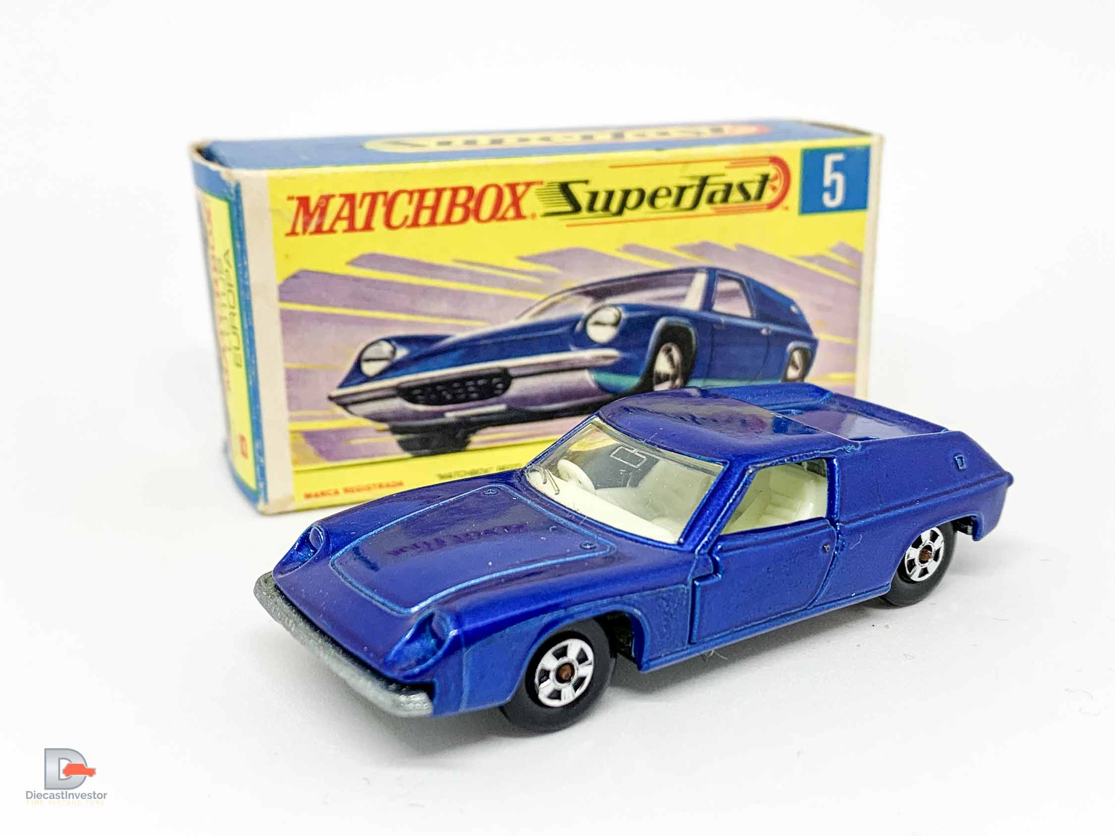 Matchbox Superfast No.5A Lotus Europa - dark metallic blue body, thin 5-spoke wheels - Mint including type G box.