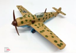 Dinky No.726 Messerschmitt BF109E - desert camouflage, light brown/green, cross decals to wings, brown propeller - Mint in Good Plus to Excellent, slightly age discoloured bubble pack box with unused decal sheet and both instruction leaflets.