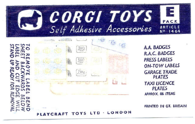 Corgi 1464 ‘E’ Pack Self Adhesive Accessories Accessories We sell and buy quality collectible toys from the 50's, 60's, 70's and 80's