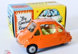 Corgi No.233 Heinkel Economy Car - finished in orange, lemon interior, cast hubs hubs - Mint in a Mint blue and yellow carded picture box - a superb example.