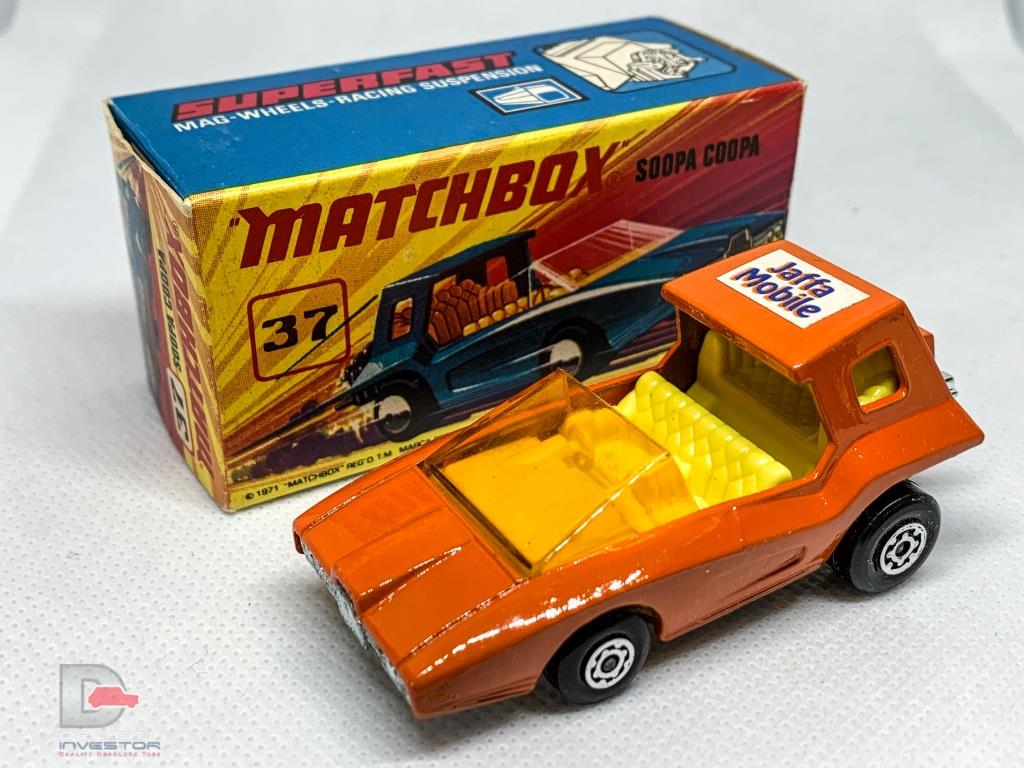 MATCHBOX Superfast 37B Scoopa Coopa ORANGE / Jaffa Mobile Label / Amber Window / Yellow Interior / Unpainted Base / Made in England