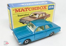 Matchbox Superfast No.25A Ford Cortina GT - metallic light blue body with off-white interior, thin 5-spoke wheels - Near Mint in Mint type F, transitional box with black script.