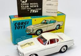 Corgi 258 "The Saint's" Volvo P1800 - white body, silver trim, red interior with figure driver, spun hubs - Mint (couple of very minor factory marks) in a Near Mint blue and yellow carded picture box with original price label to end flap, comes accompanied with collectors club folded leaflet.