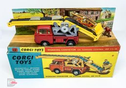 Corgi No.64 Forward Control Jeep with working conveyor - red, grey, yellow, black rubber belt (original but have been repaired), lemon interior, spun hubs, with loose sacks and figure - overall condition is generally excellent plus - inner pictorial stand is Excellent, outer blue and yellow carded picture box is excellent