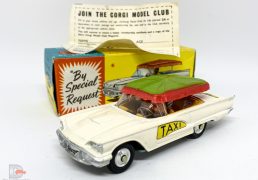 Corgi No.430 Ford Thunderbird Bermuda Taxi - white body with Bermuda Taxi labels, mustard yellow interior with silver seats and original driver figure, red plastic roof with red fringe - Excellent Plus ( tiny chips to rear fins) in excellent box with early Corgi Model Club leaflet.