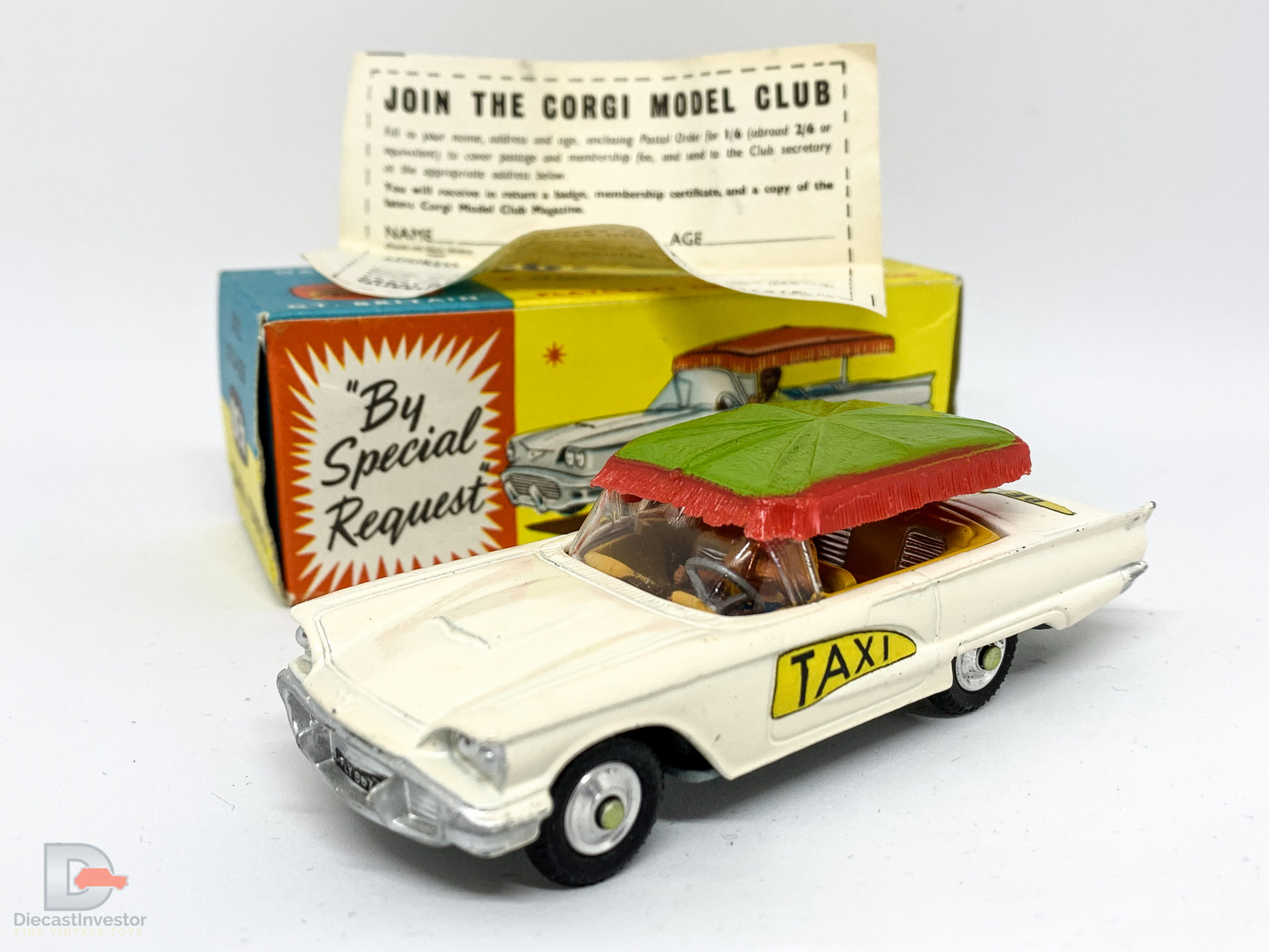 Corgi No.430 Ford Thunderbird Bermuda Taxi - white body with Bermuda Taxi labels, mustard yellow interior with silver seats and original driver figure, red plastic roof with red fringe - Excellent Plus ( tiny chips to rear fins) in excellent box with early Corgi Model Club leaflet.