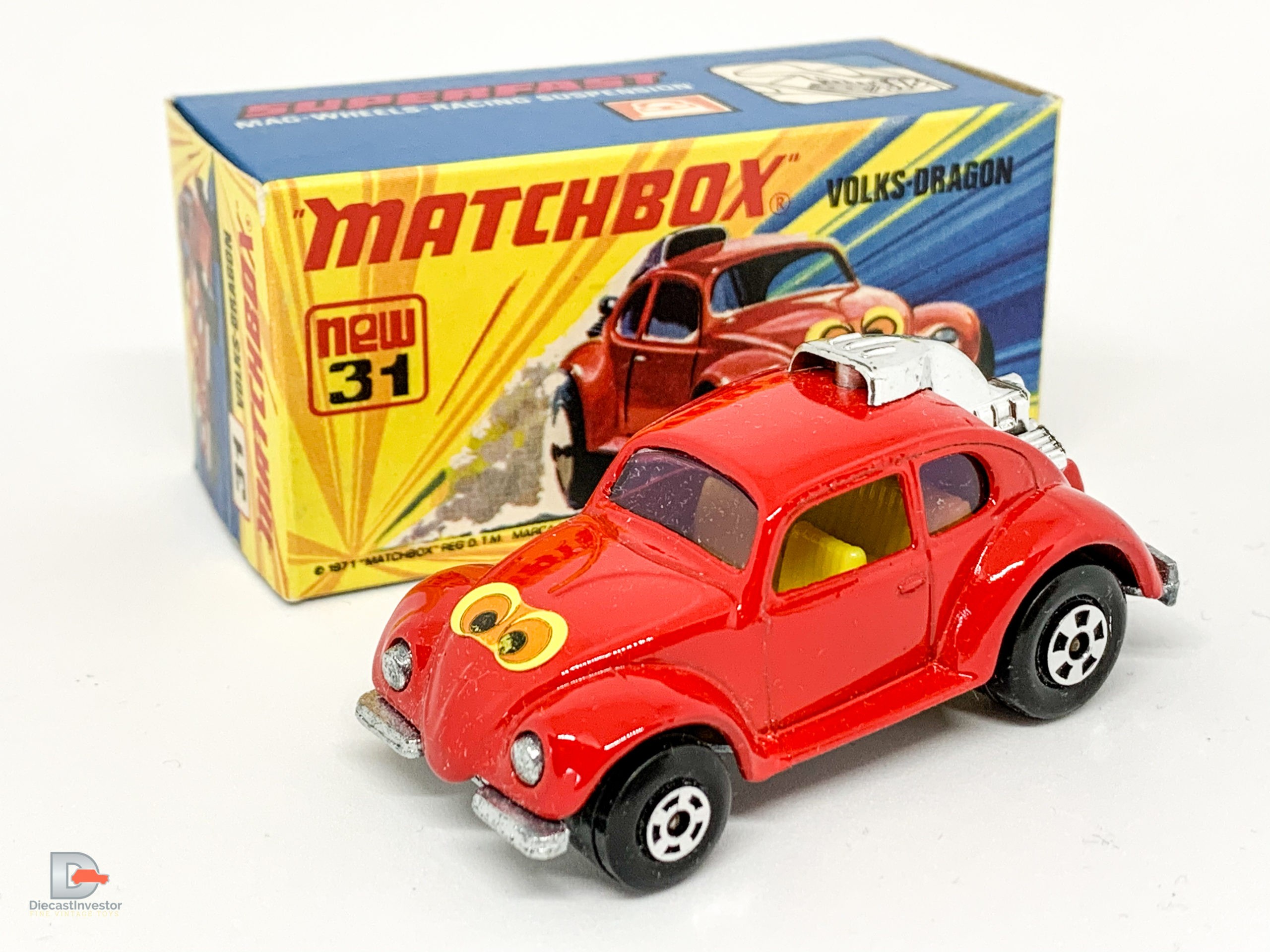 Matchbox Superfast No.31B Volksdragon – red body with yellow interior, “eyes” label, purple glass – Mint including type I box.