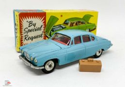 Corgi 238 Jaguar Mark X - light blue, red interior, silver trim, spun hubs, with luggage case - Good Plus some rubbing to raised edges still a lovely bright example that looks much better in the hand.  In a Good Plus blue and yellow carded picture box.