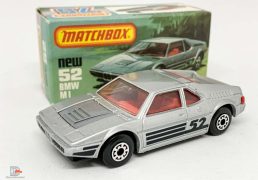 Matchbox Superfast 52c BMW M1 - metallic silver body with racing number 52 tampo print , clear windows, gloss black base, 5-arch wheels - Mint  in mint "New" type L box.