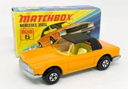 Matchbox Superfast 6b Mercedes 350SL - dark orange body with black roof, light amber windscreen, pale yellow interior, bare metal base, 5-spoke wide wheels - Near Mint in Excellent "New" type I box.