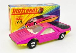 Matchbox Superfast 75b Alfa Carabo - metallic candy pink body, clear windows, ivory interior, rare bare metal base, 5-spoke wheels - Excellent Plus (base tarnished) in Mint type H box with "New".