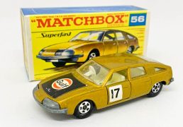 Matchbox Superfast No.56a BMC 1800 Pininfarina - metallic gold body with "Gulf" hood label, clear windows, ivory interior, bare metal base, 5-spoke narrow wheels without tread pattern cast - Near Mint (factory assembly scratch to roof) in Mint "New" type F transitional box.