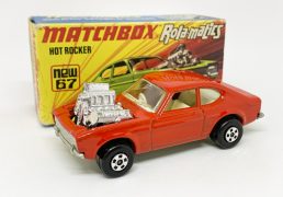 Matchbox Superfast 67c Ford Capri Hot Rocker Dragster (Superfast 67b) - burnt orange body, clear windows, ivory interior, bare metal base, 5-spoke wide wheels - Mint in Near Mint "New" type I box. Nice example.