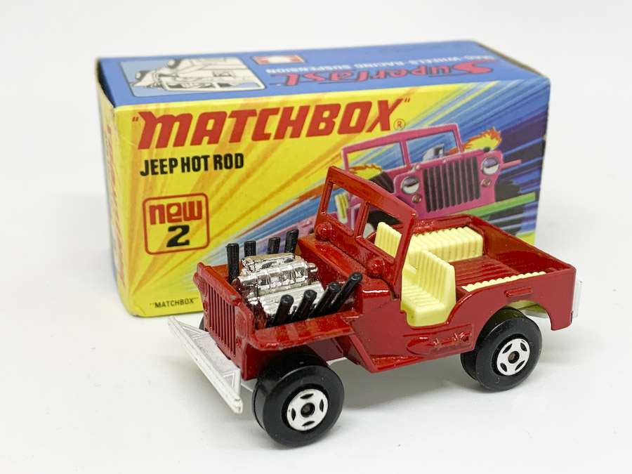 Matchbox Superfast No.2b Jeep Hot Rod - red body, pale yellow interior, white base, 4-spoke wheels - Virtually mint in generally mint type H box with "new".