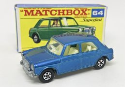 Matchbox Superfast No.64a MG 1100 Saloon - metallic blue body, clear windows, ivory interior, bare metal base, small diameter 5-spoke narrow wheels - Near Mint to Mint in Excellent plus near mint type F transitional box.