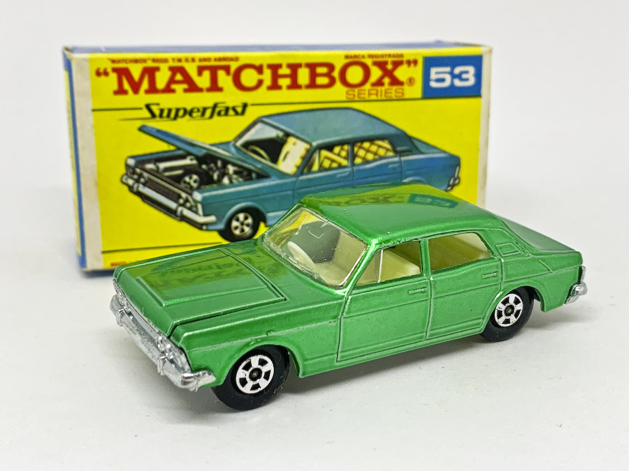 53a Ford Zodiac - metallic green body with low arches, chrome engine, ivory interior, bare metal base, solid 5-spoke narrow wheels without tread pattern cast - Excellent Plus in Excellent a little creased on one striker side type F3 box.