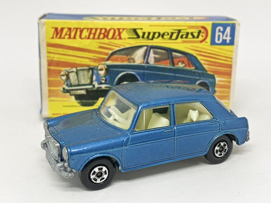 Matchbox Superfast No.64a MG 1100 Saloon - metallic blue body, clear windows, ivory interior, bare metal base, small diameter 5-spoke narrow wheels - Near Mint to Mint in Excellent "New" type G box.