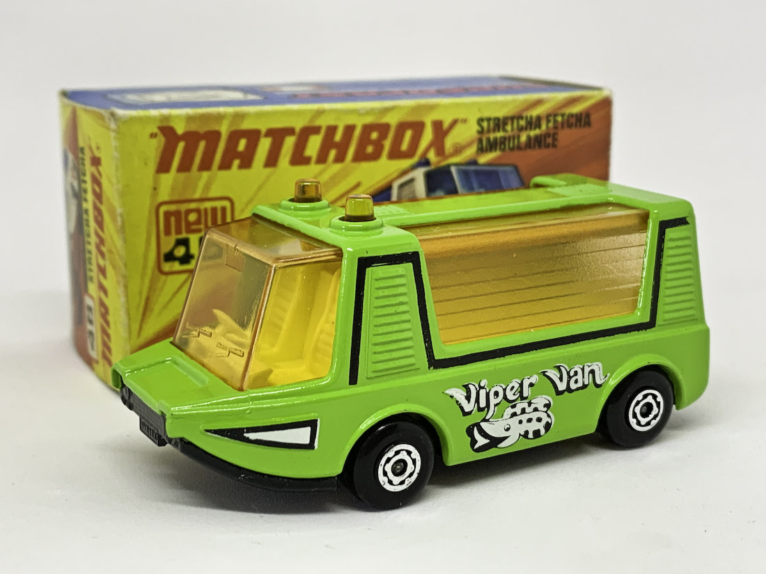 Matchbox Superfast 46b Stretcha Fetcha Ambulance (US issue Viper Van) - lime green body with black & white tampo print, light amber windows, pale yellow interior, white base without model number cast, Maltese Cross wheels - Mint apart from tiny pin size factory assembly paint chip to rear edge of roof in excellent "New" type I box.