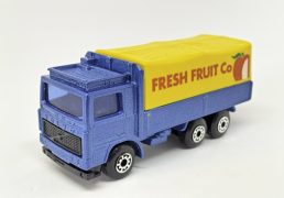 Matchbox Superfast 26 Volvo Tilt Lorry "Fresh Fruit Co" - metallic blue body with dark yellow plastic canopy, blue windows, black plastic grille & England base, 5-arch wheels - Mint, Unboxed.