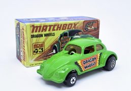 Matchbox Superfast No.43b Dragon Wheels VW Beetle Dragster - Darker lime green body, amber windows, chrome interior, gloss black base, small diameter 5-spoke front wheels, Maltese Cross rear wheels - Mint complete with near mint "New" type I box.