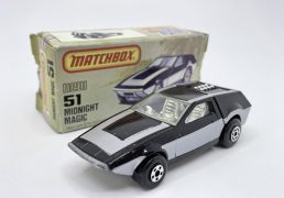 Matchbox Superfast 51f Midnight Magic (Superfast 51d) - gloss black body with silver tampo print, clear windows, chrome interior, metallic pearl silver Hong Kong base - Near Mint in generally excellent "New" type L US issue box.