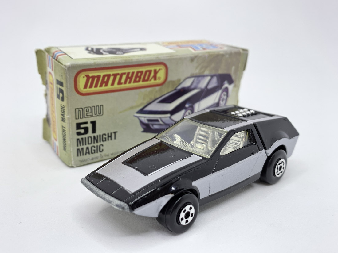 Matchbox Superfast 51f Midnight Magic (Superfast 51d) - gloss black body with silver tampo print, clear windows, chrome interior, metallic pearl silver Hong Kong base - Near Mint in generally excellent "New" type L US issue box.