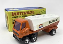 Matchbox Superfast No.63b Freeway Gas Tanker "Burmah" - burnt orange tractor unit with purple windows, black plastic base, Maltese Cross wheels, red trailer with rear hole, black clip-fit rear axle clip with arrow design - Excellent Plus in Excellent Plus type I box.