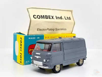 Corgi 462 Commer "Combex" Delivery Van RARE PROMOTIONAL issue - finished in grey, red interior, silver trim, chrome dish wheels (with screw base) - Mint (very slight discolouration to hubs) in an Excellent Plus correct plain yellow and red carded box with correct blank ends